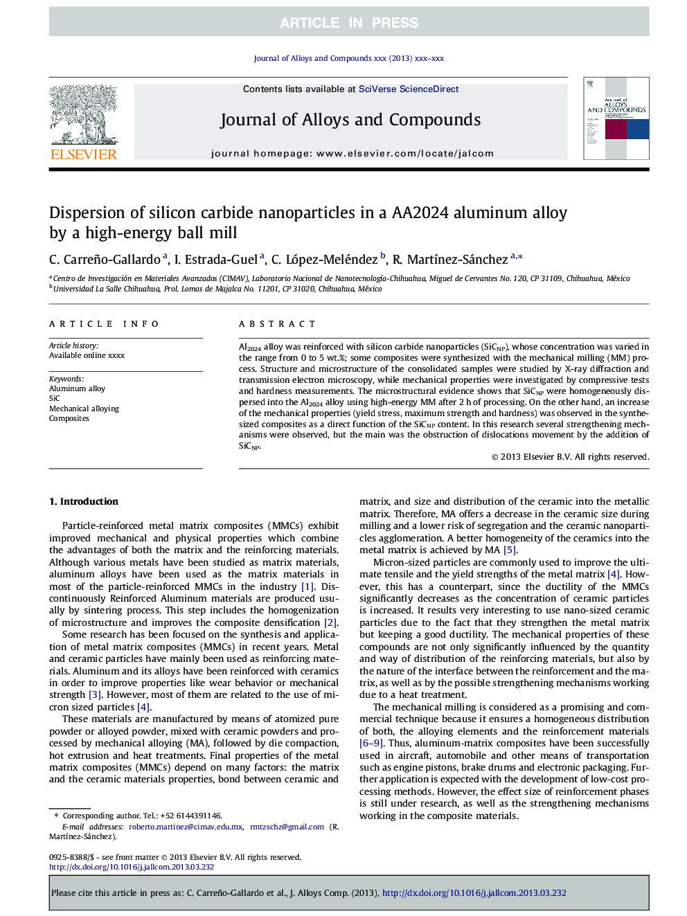 Dispersion of silicon carbide nanoparticles in a AA2024 aluminum alloy by a high-energy ball mill