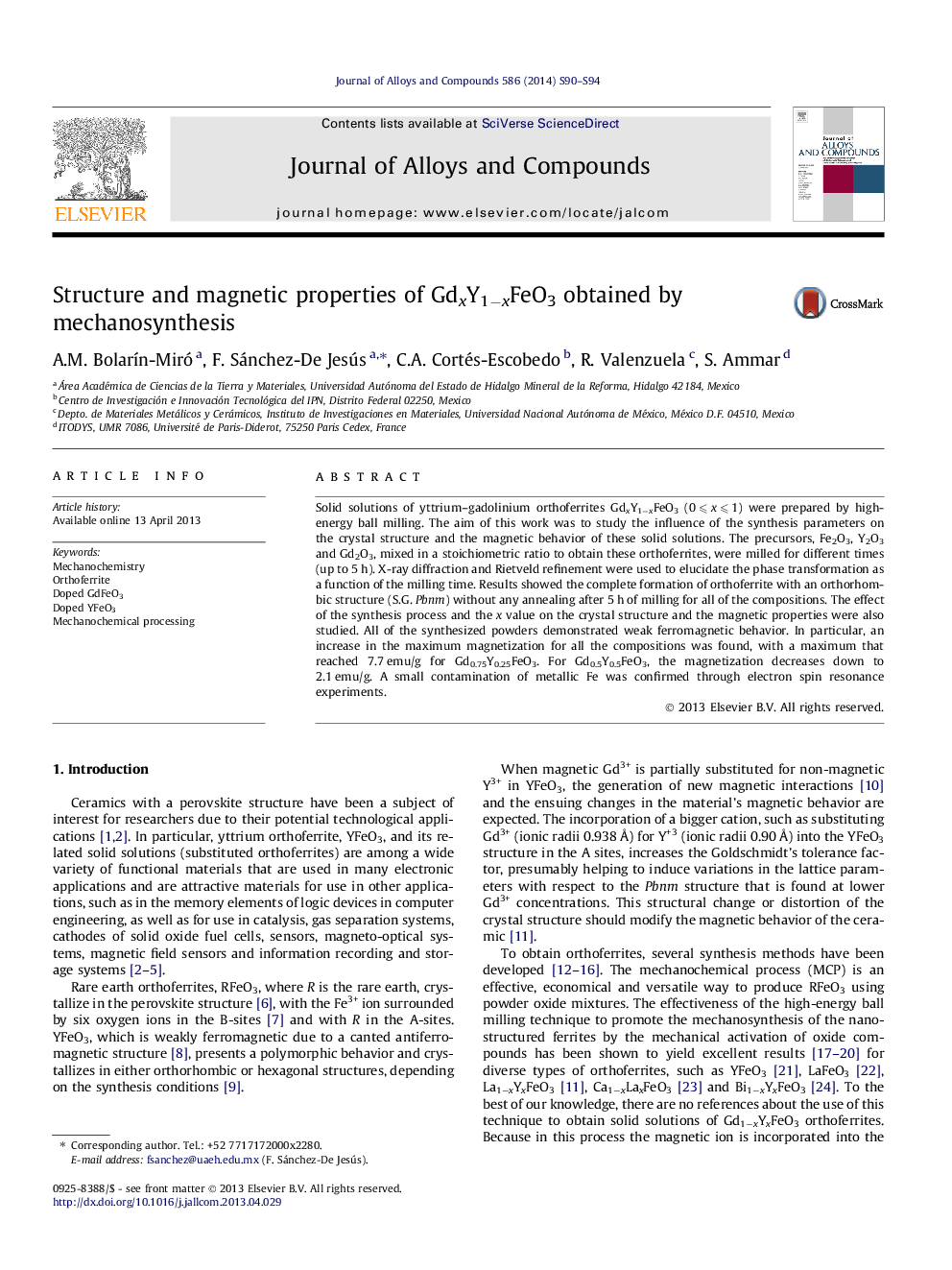 Structure and magnetic properties of GdxY1âxFeO3 obtained by mechanosynthesis