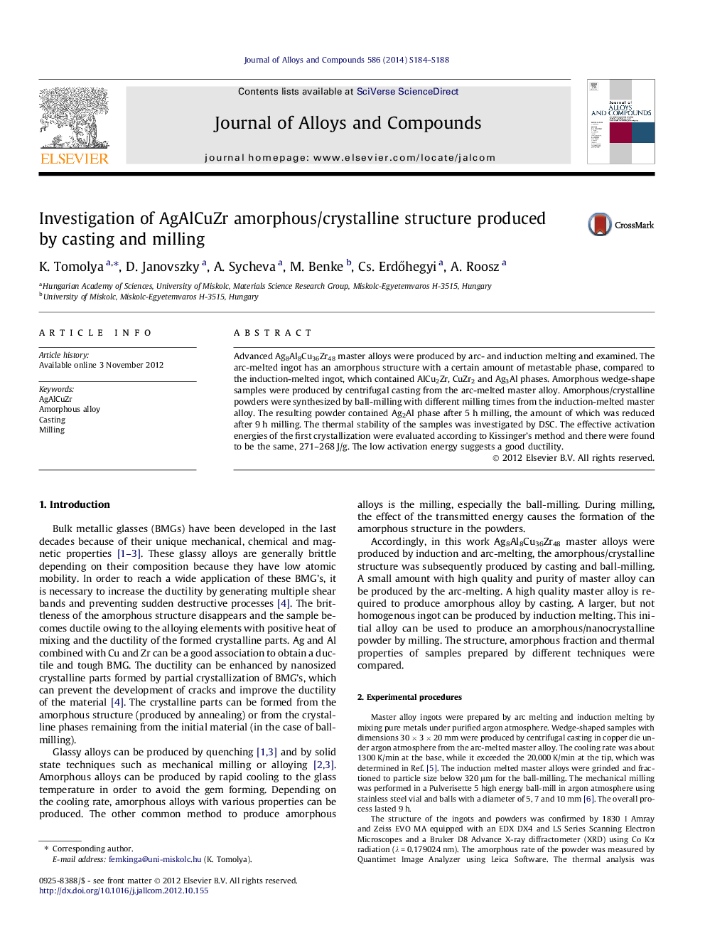 عکس صفحه اول مقاله: Investigation of AgAlCuZr amorphous/crystalline structure produced by casting and milling Investigation of AgAlCuZr amorphous/crystalline structure produced by casting and milling
