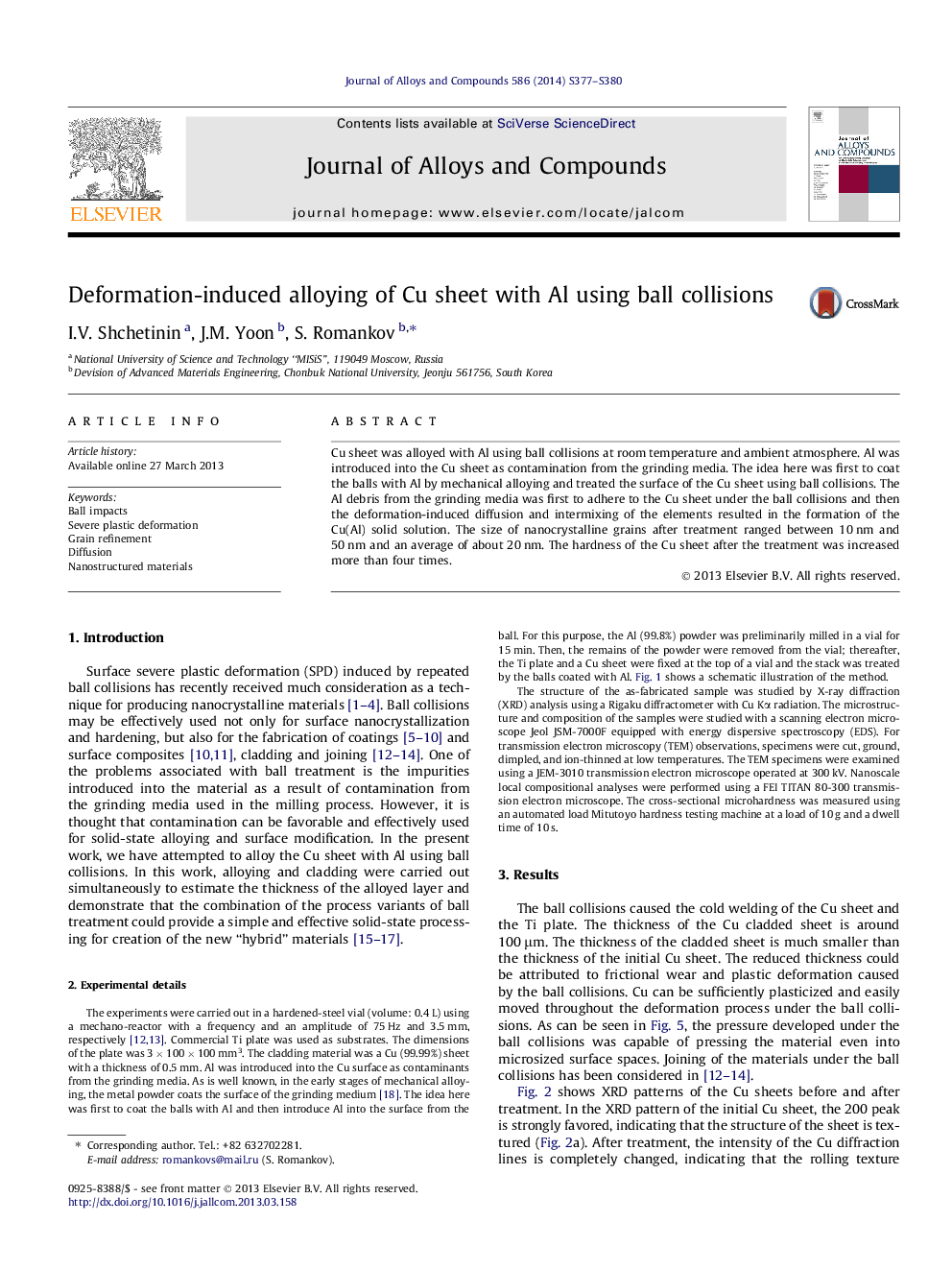 Deformation-induced alloying of Cu sheet with Al using ball collisions