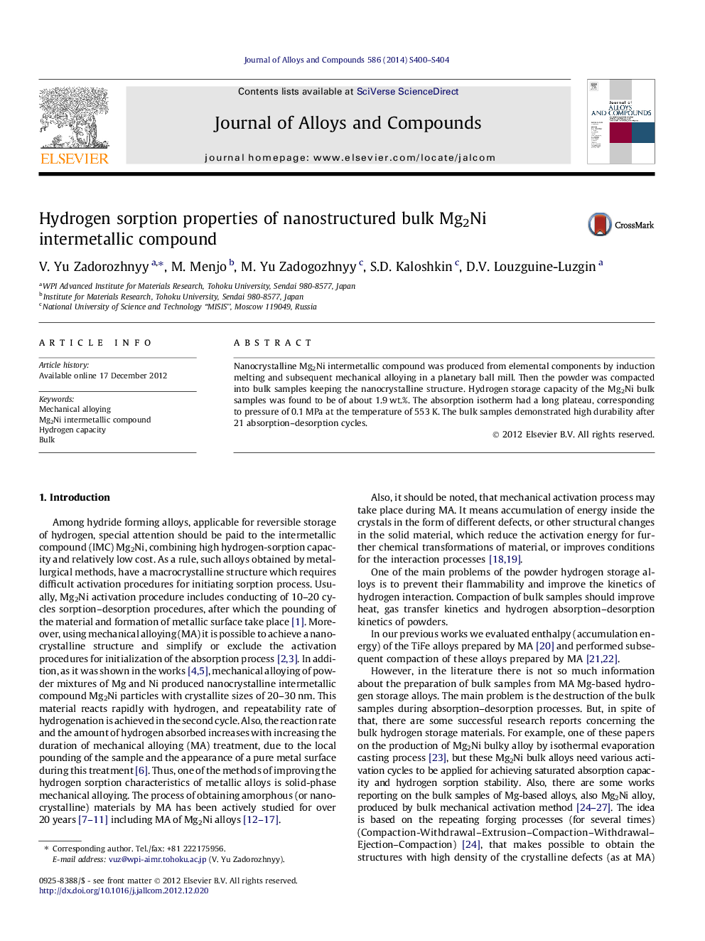 Hydrogen sorption properties of nanostructured bulk Mg2Ni intermetallic compound