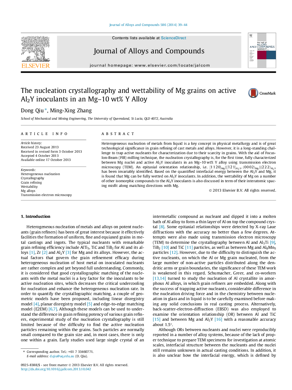 The nucleation crystallography and wettability of Mg grains on active Al2Y inoculants in an Mg-10Â wt% Y Alloy