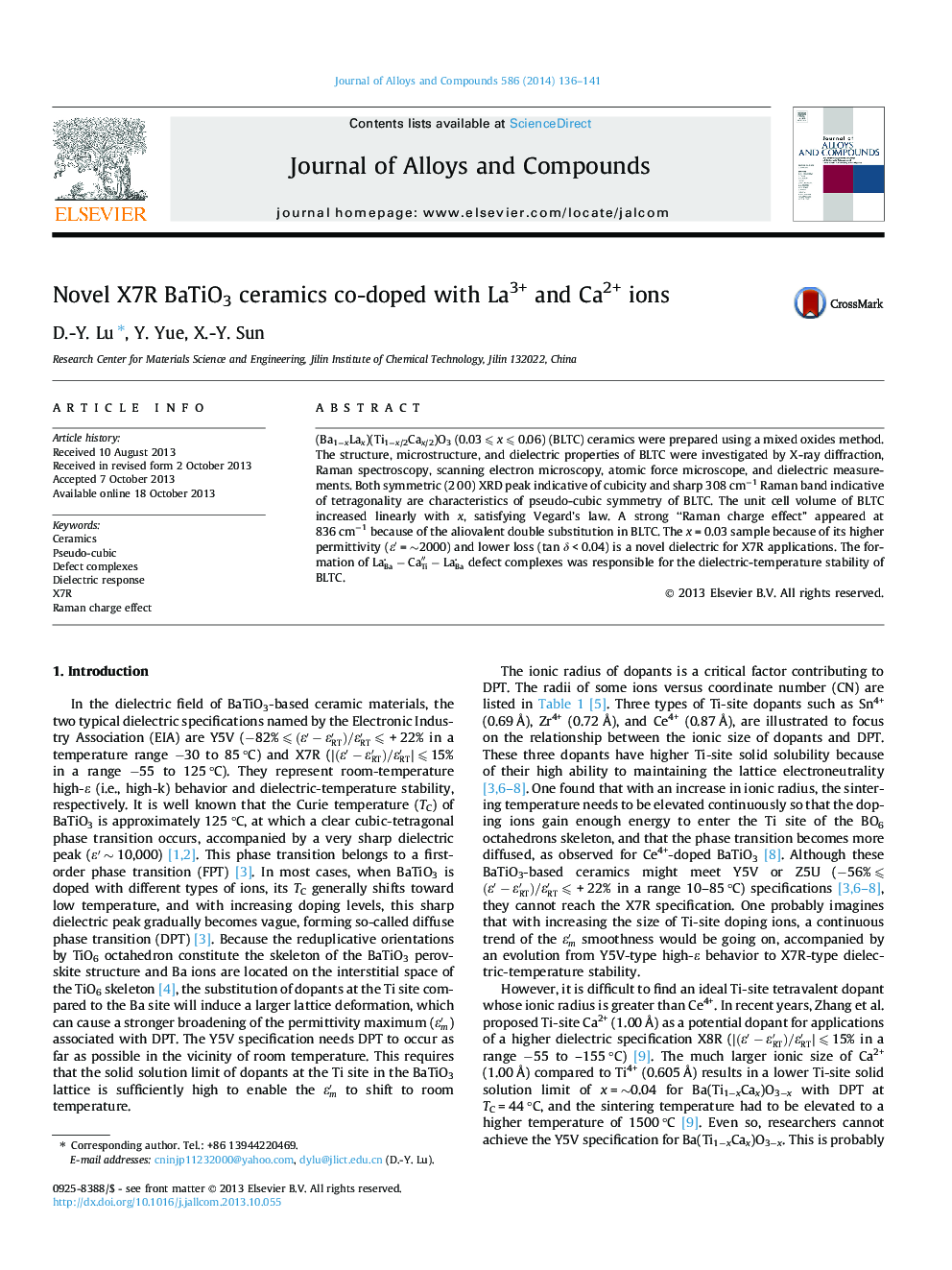 Novel X7R BaTiO3 ceramics co-doped with La3+ and Ca2+ ions