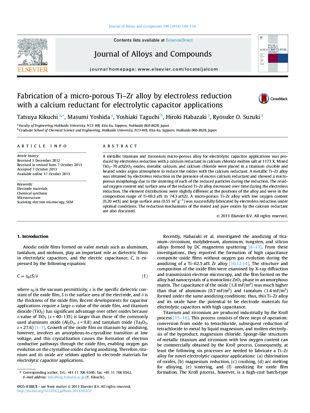 Fabrication of a micro-porous Ti-Zr alloy by electroless reduction with a calcium reductant for electrolytic capacitor applications