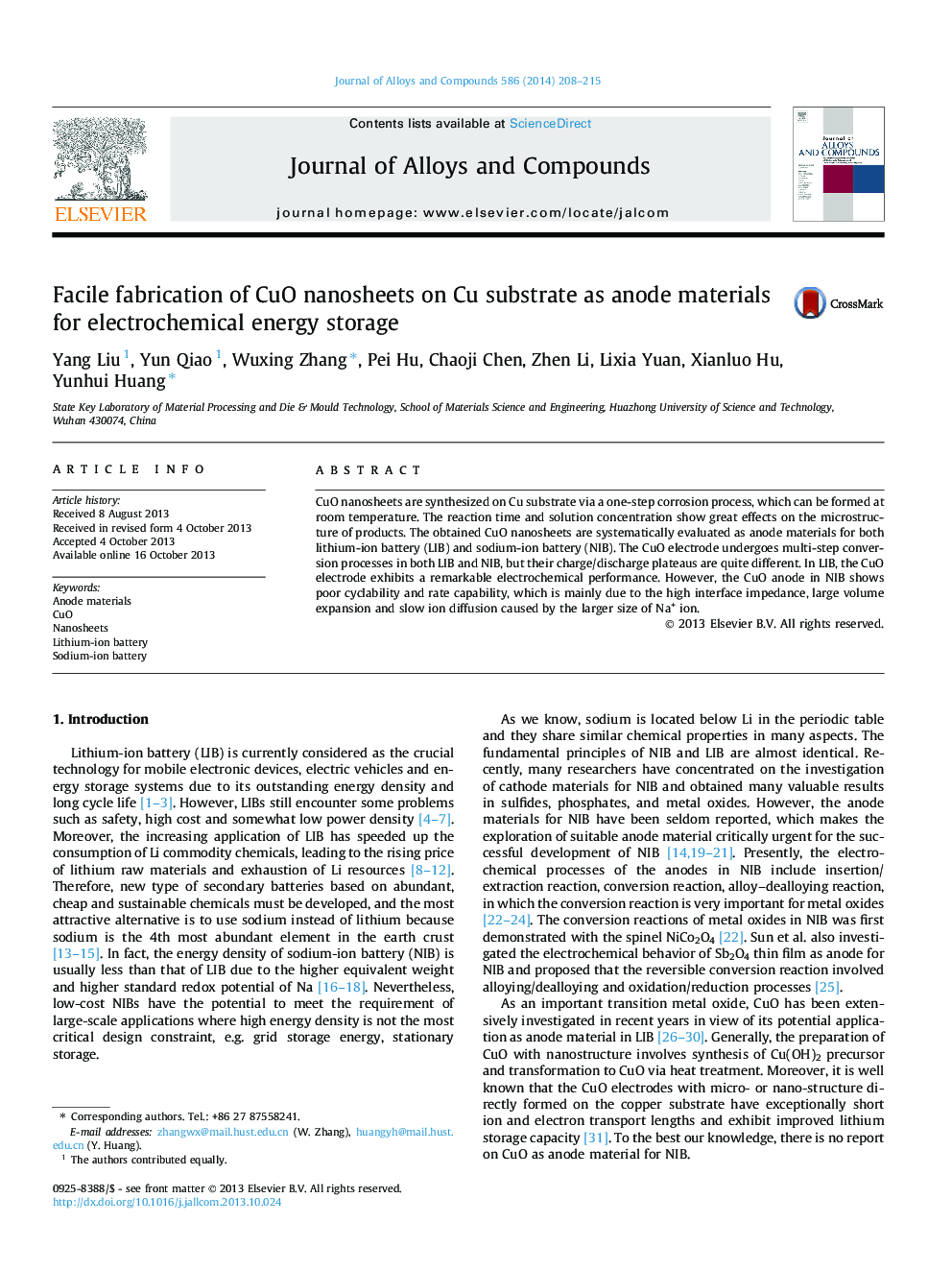 Facile fabrication of CuO nanosheets on Cu substrate as anode materials for electrochemical energy storage