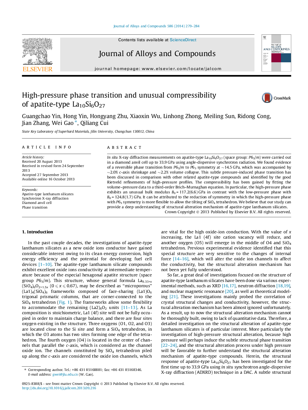 عکس صفحه اول مقاله: High-pressure phase transition and unusual compressibility of apatite-type La10Si6O27 High-pressure phase transition and unusual compressibility of apatite-type La10Si6O27