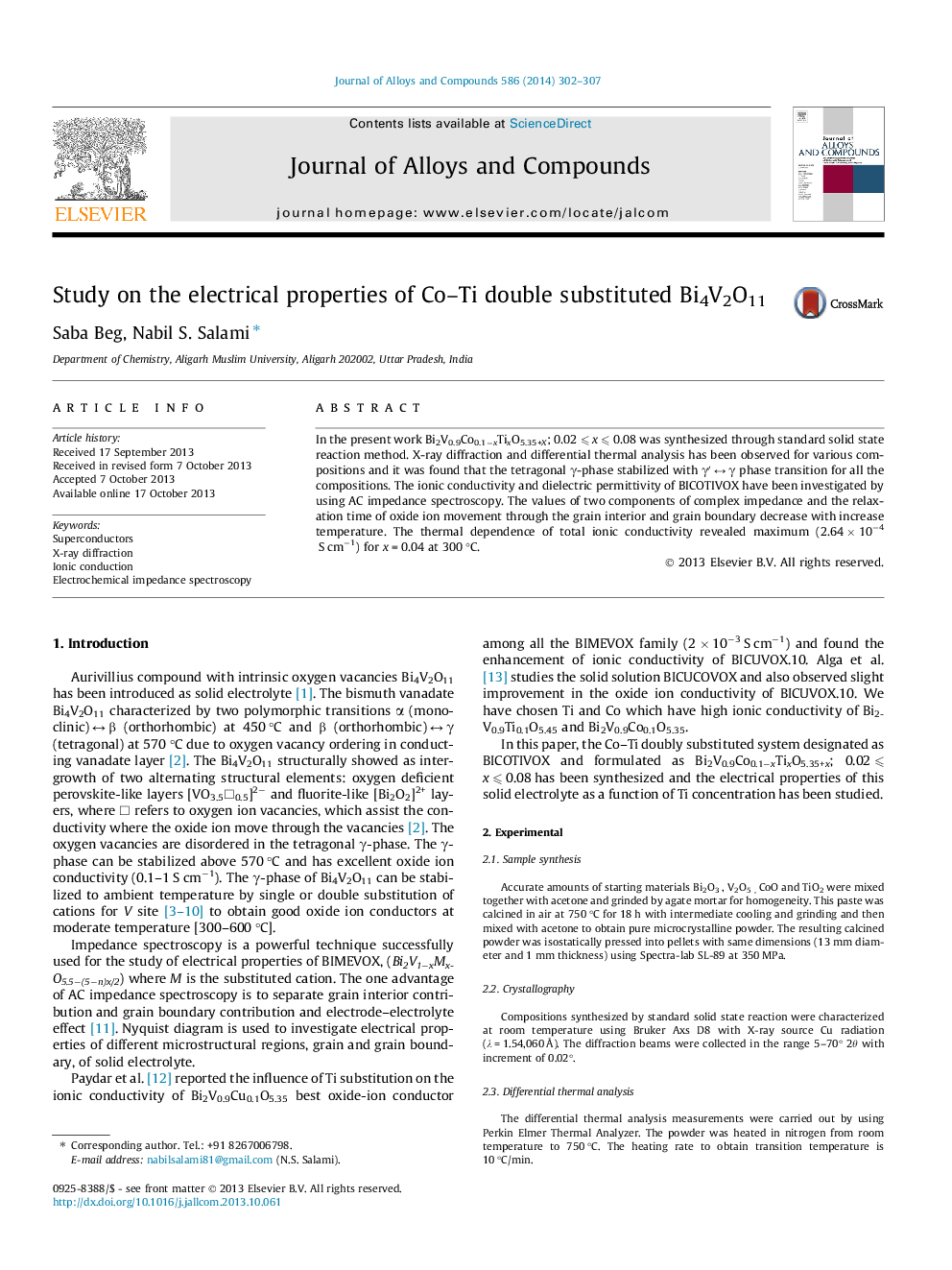 Study on the electrical properties of Co–Ti double substituted Bi4V2O11