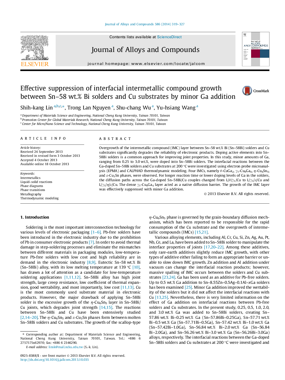 Effective suppression of interfacial intermetallic compound growth between Sn-58Â wt.% Bi solders and Cu substrates by minor Ga addition