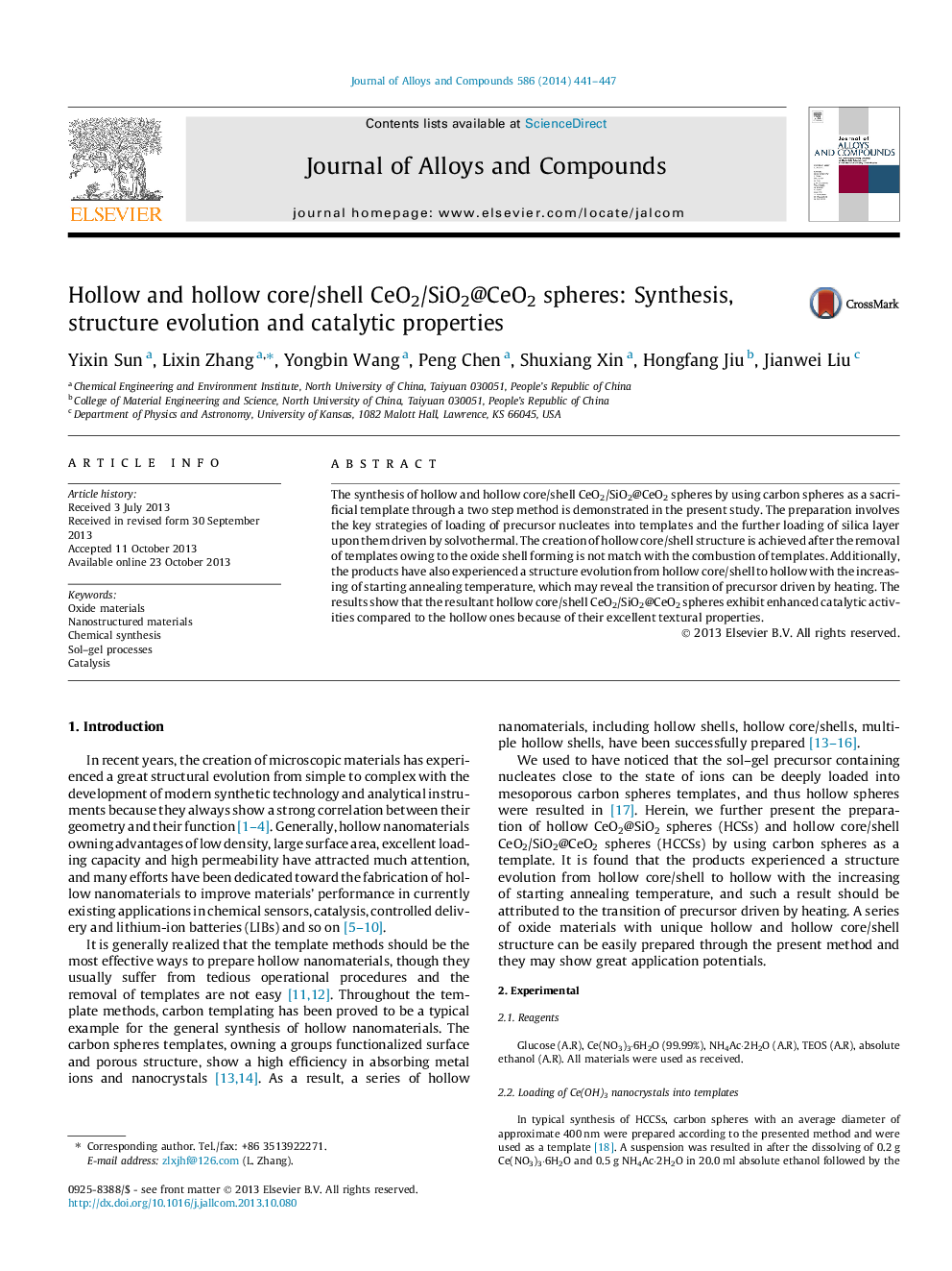 Hollow and hollow core/shell CeO2/SiO2@CeO2 spheres: Synthesis, structure evolution and catalytic properties