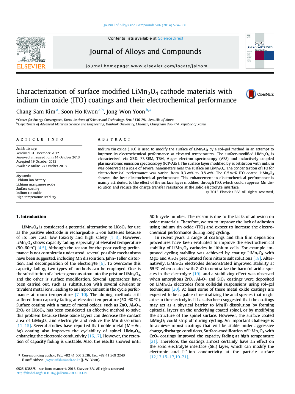 Characterization of surface-modified LiMn2O4 cathode materials with indium tin oxide (ITO) coatings and their electrochemical performance