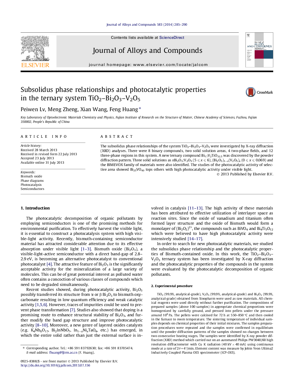 Subsolidus phase relationships and photocatalytic properties in the ternary system TiO2–Bi2O3–V2O5