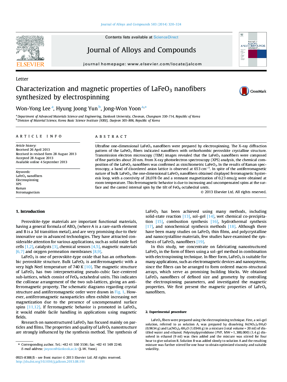 Characterization and magnetic properties of LaFeO3 nanofibers synthesized by electrospinning