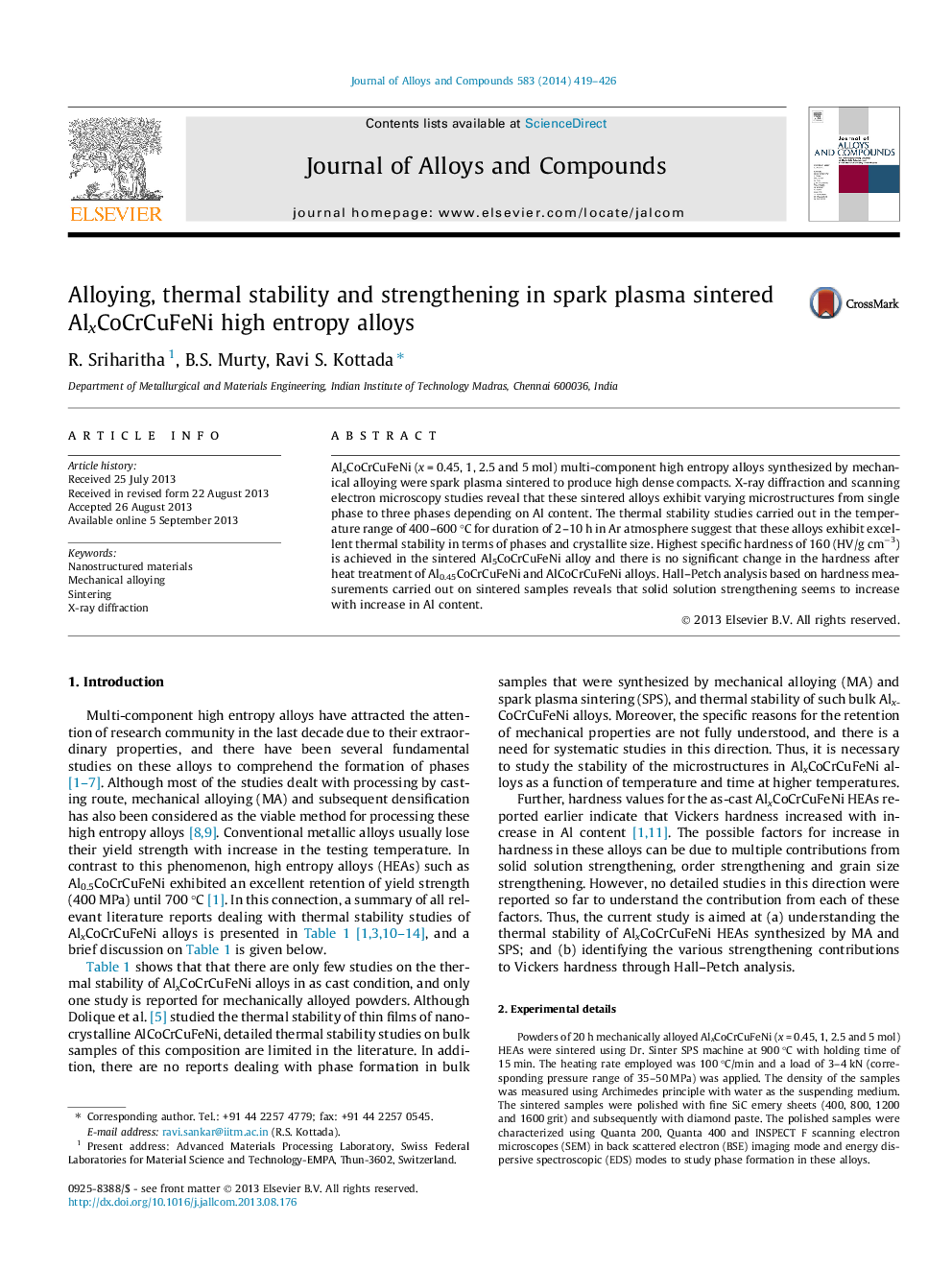 Alloying, thermal stability and strengthening in spark plasma sintered AlxCoCrCuFeNi high entropy alloys