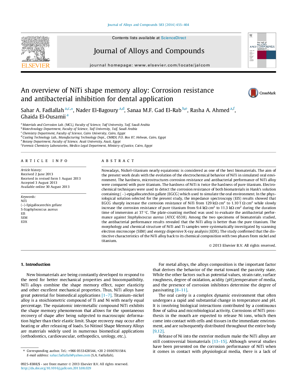 An overview of NiTi shape memory alloy: Corrosion resistance and antibacterial inhibition for dental application