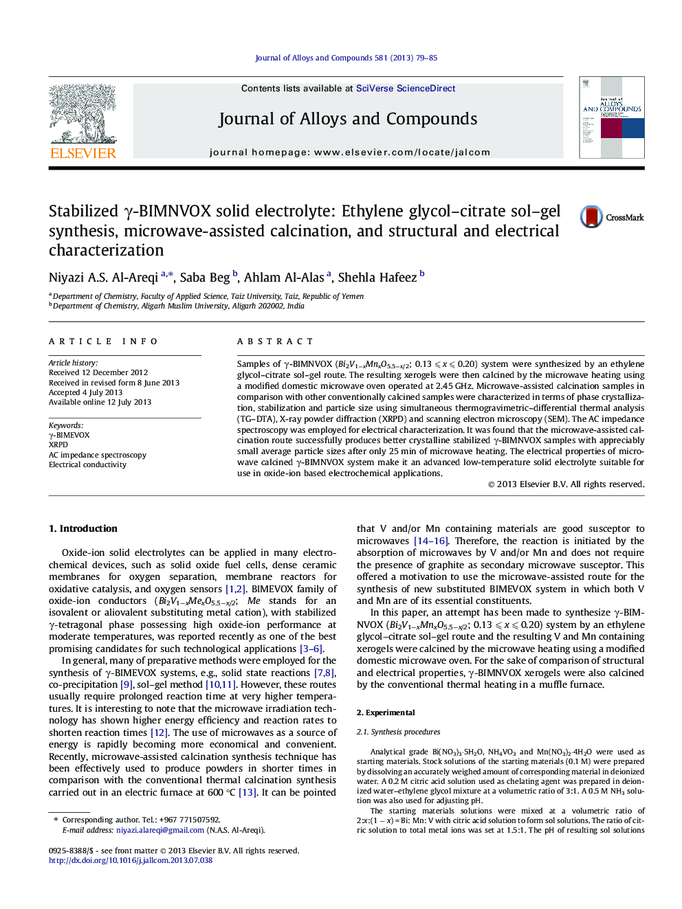 Stabilized Î³-BIMNVOX solid electrolyte: Ethylene glycol-citrate sol-gel synthesis, microwave-assisted calcination, and structural and electrical characterization