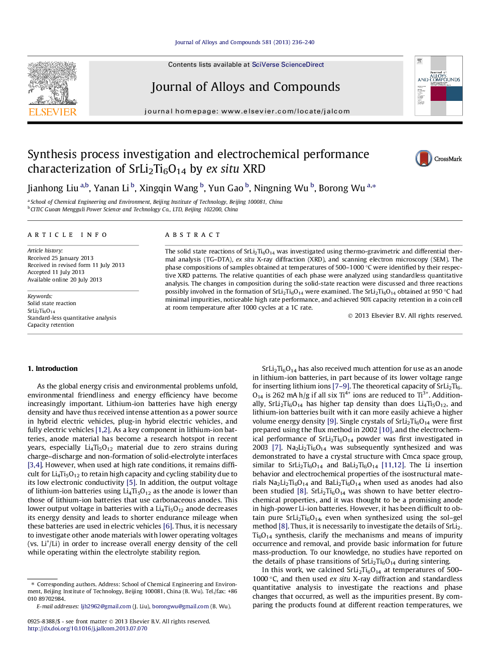 Synthesis process investigation and electrochemical performance characterization of SrLi2Ti6O14 by ex situ XRD