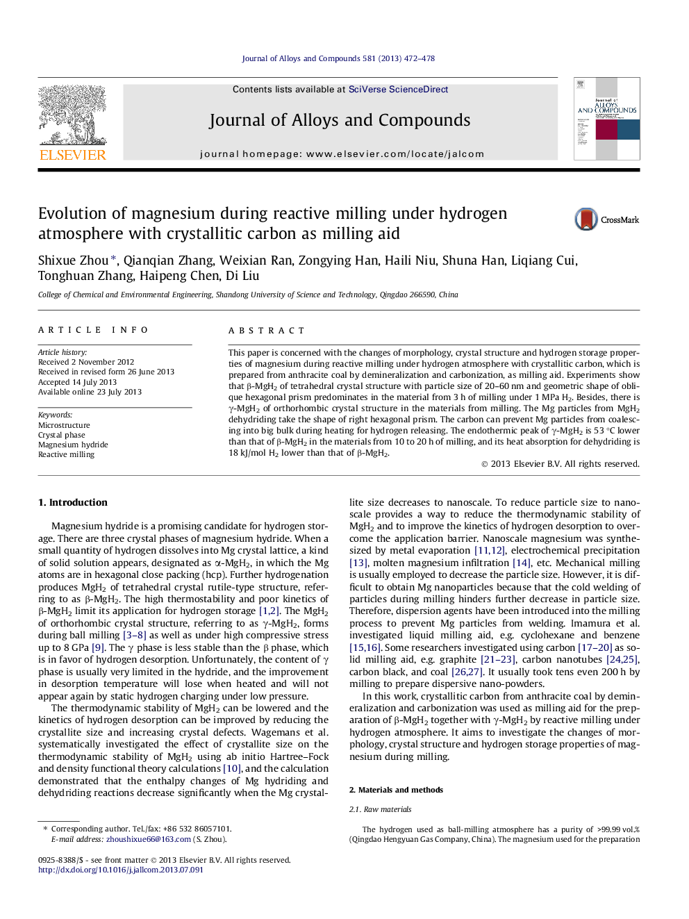 Evolution of magnesium during reactive milling under hydrogen atmosphere with crystallitic carbon as milling aid