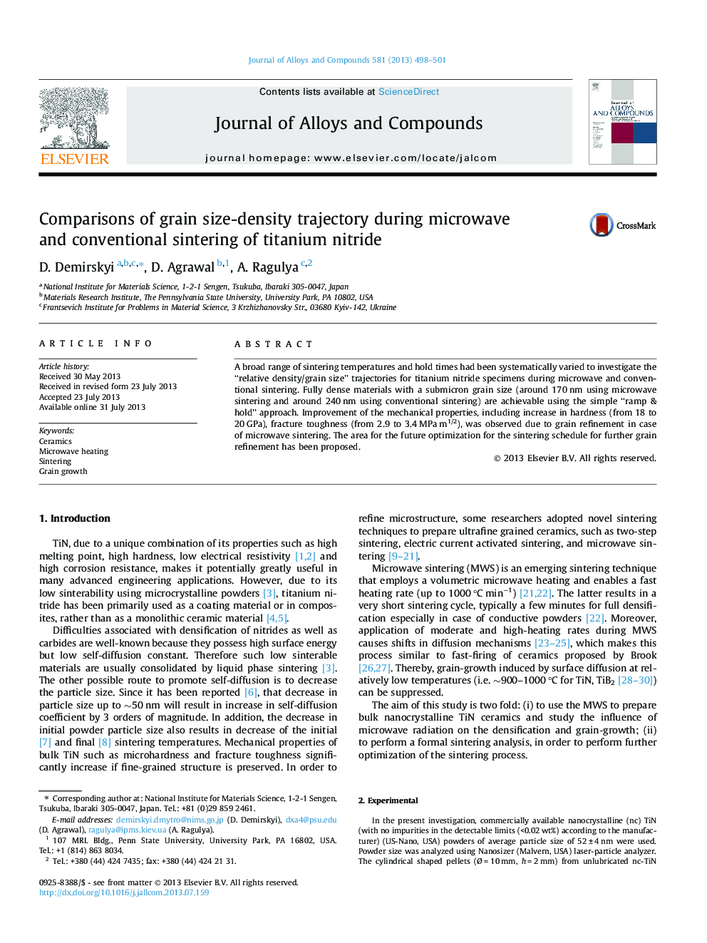 Comparisons of grain size-density trajectory during microwave and conventional sintering of titanium nitride