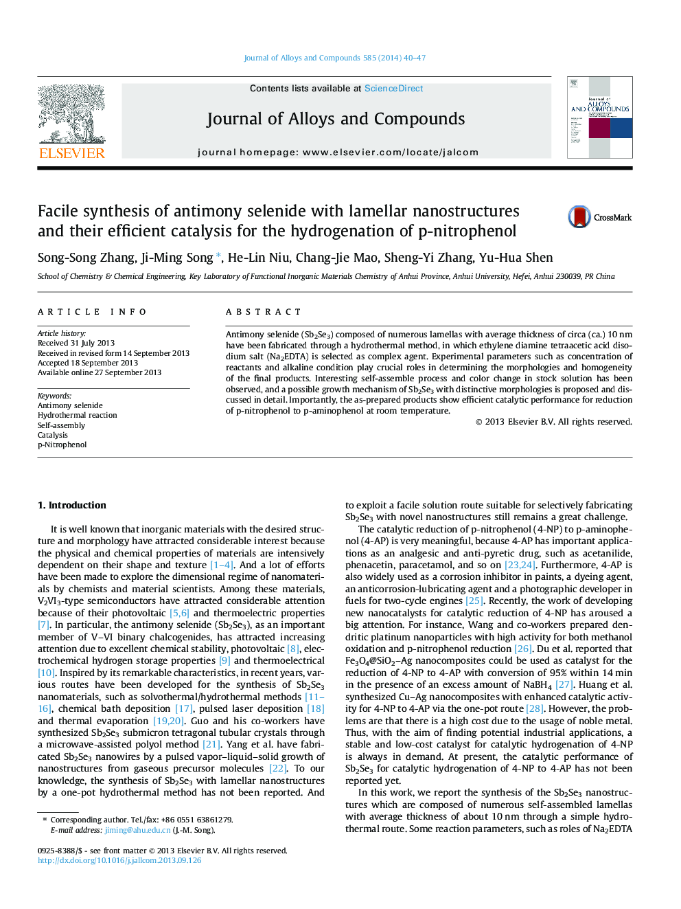 Facile synthesis of antimony selenide with lamellar nanostructures and their efficient catalysis for the hydrogenation of p-nitrophenol