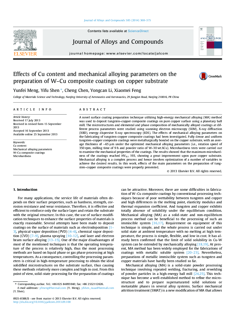 Effects of Cu content and mechanical alloying parameters on the preparation of W–Cu composite coatings on copper substrate