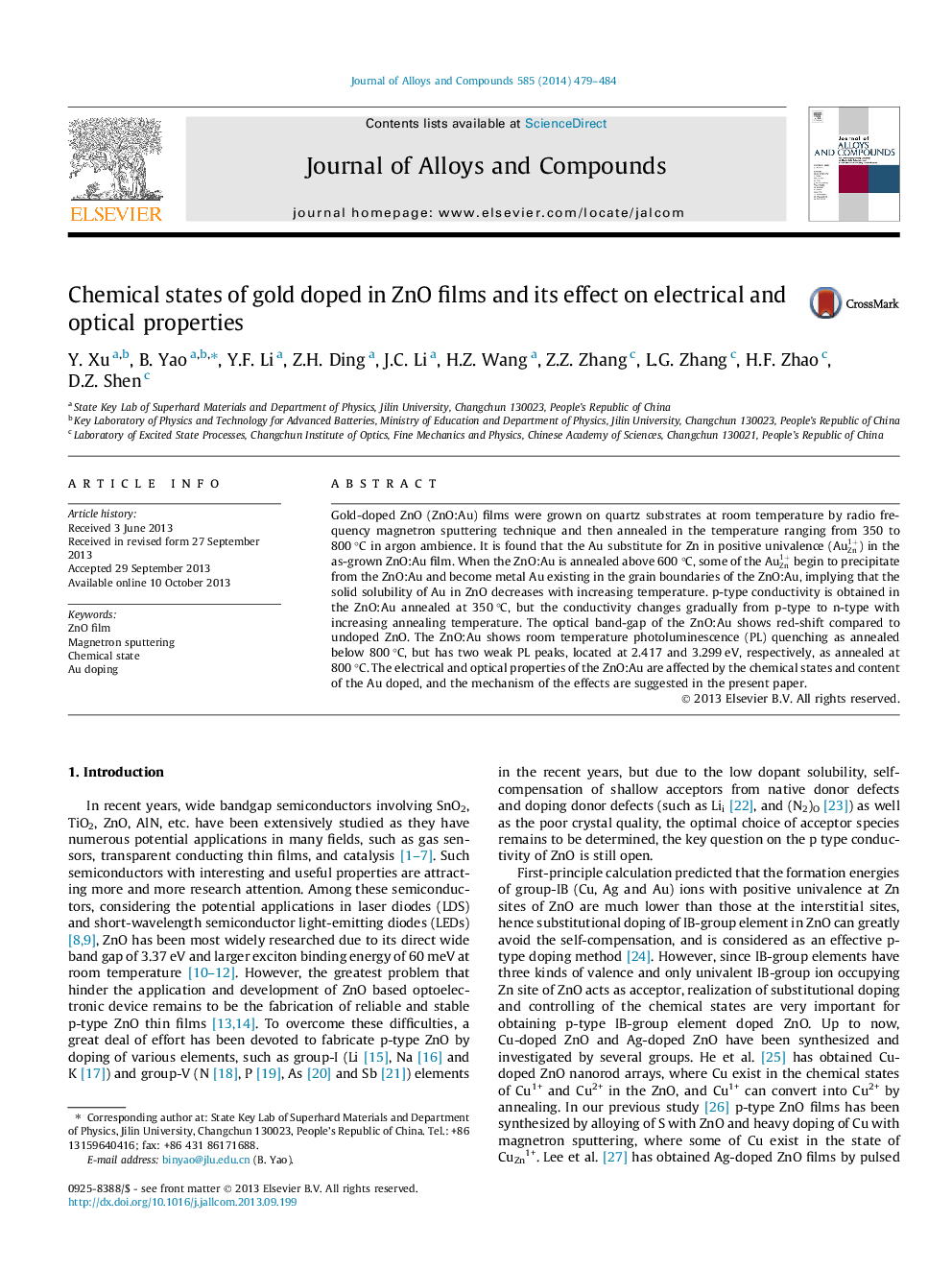 Chemical states of gold doped in ZnO films and its effect on electrical and optical properties