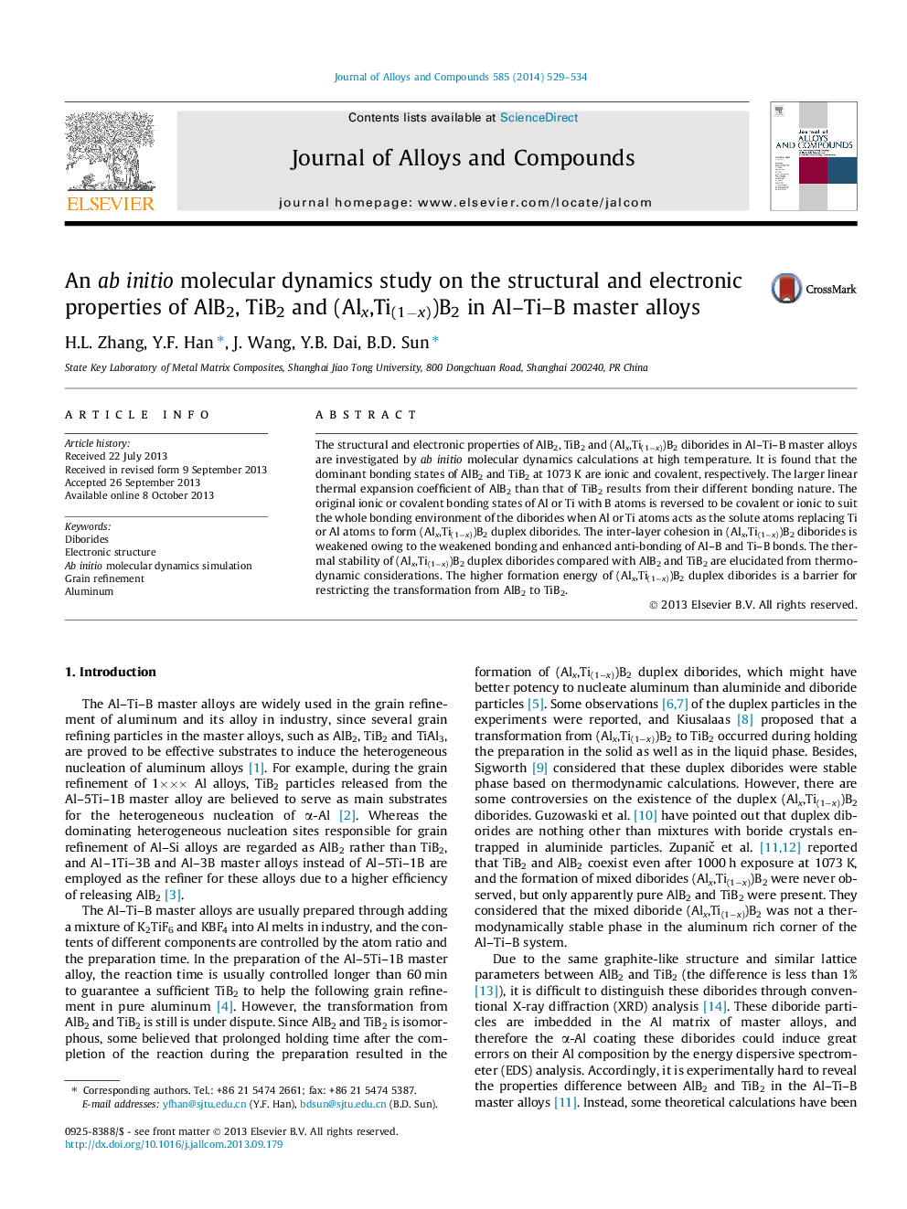 An ab initio molecular dynamics study on the structural and electronic properties of AlB2, TiB2 and (Alx,Ti(1âx))B2 in Al-Ti-B master alloys