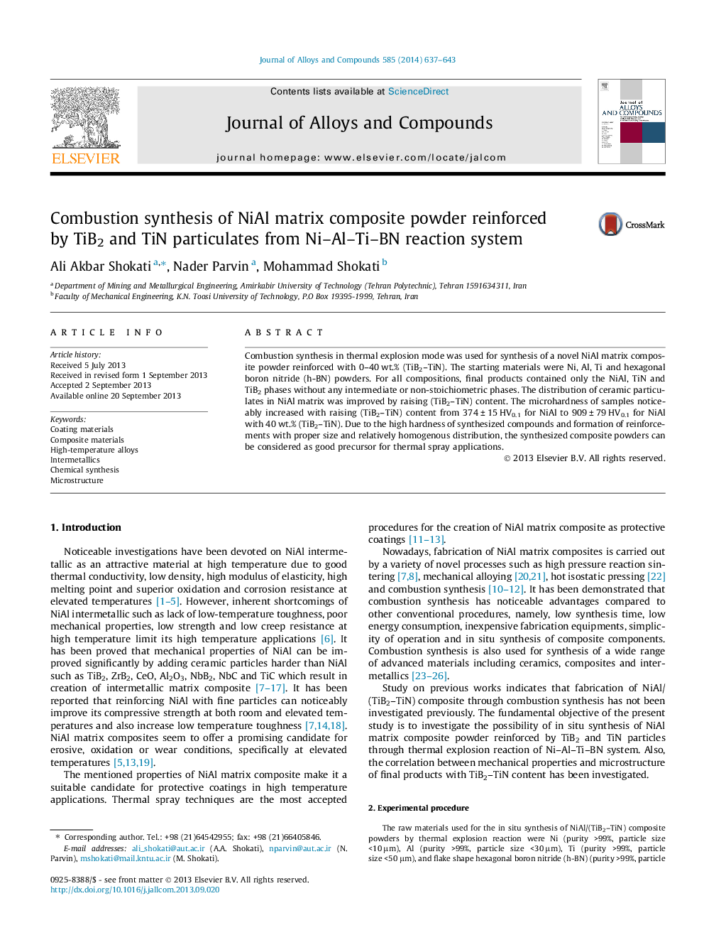 Combustion synthesis of NiAl matrix composite powder reinforced by TiB2 and TiN particulates from Ni–Al–Ti–BN reaction system