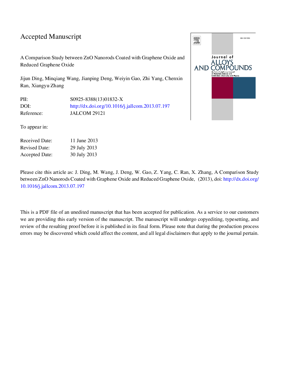 A comparison study between ZnO nanorods coated with graphene oxide and reduced graphene oxide