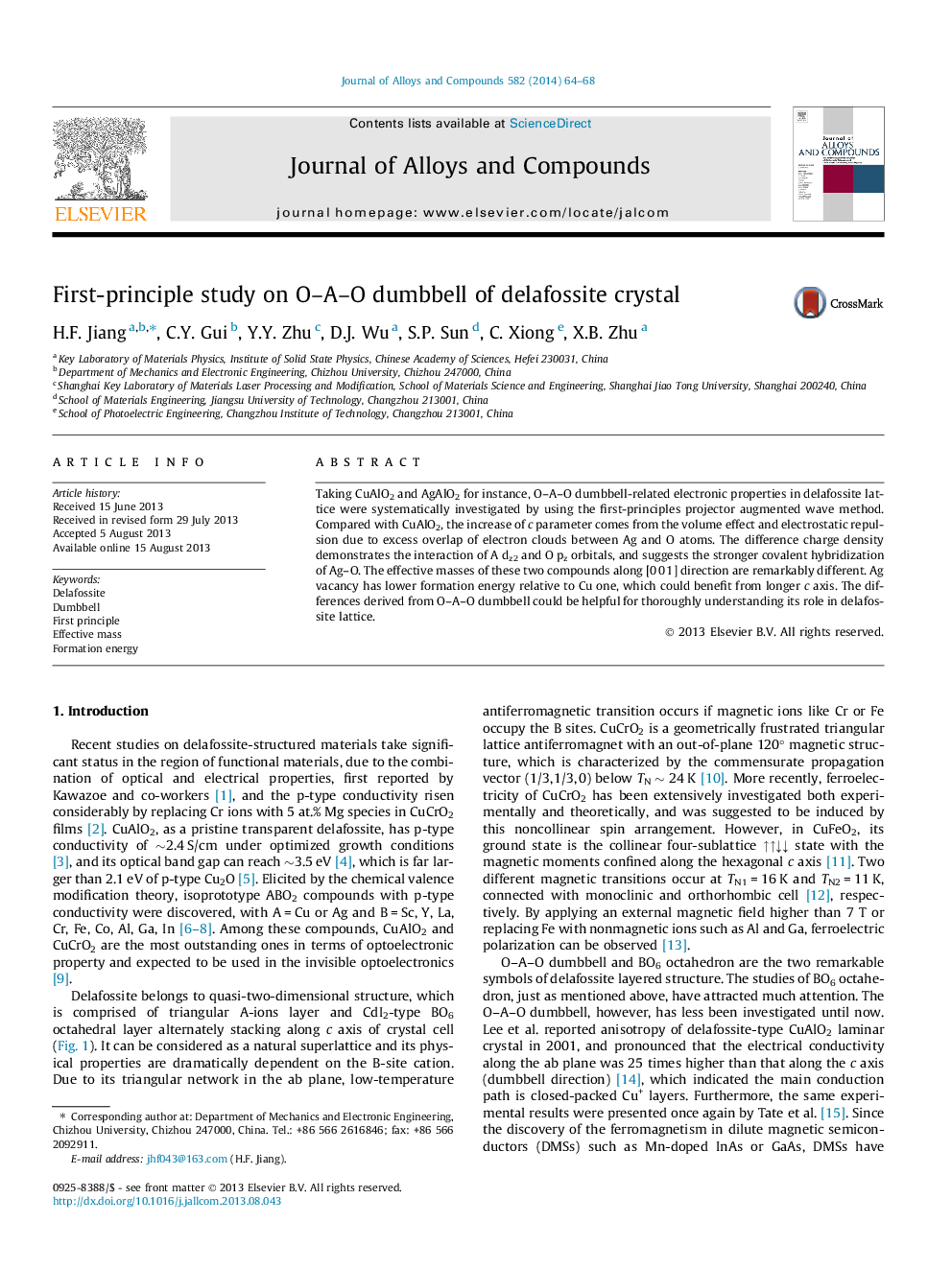 First-principle study on O–A–O dumbbell of delafossite crystal