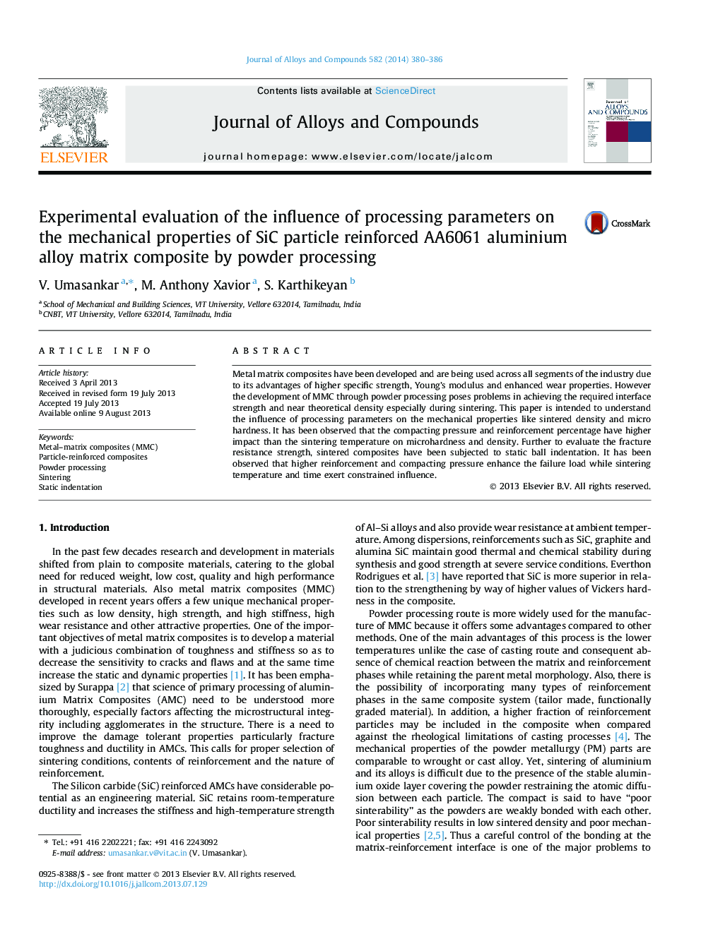 Experimental evaluation of the influence of processing parameters on the mechanical properties of SiC particle reinforced AA6061 aluminium alloy matrix composite by powder processing