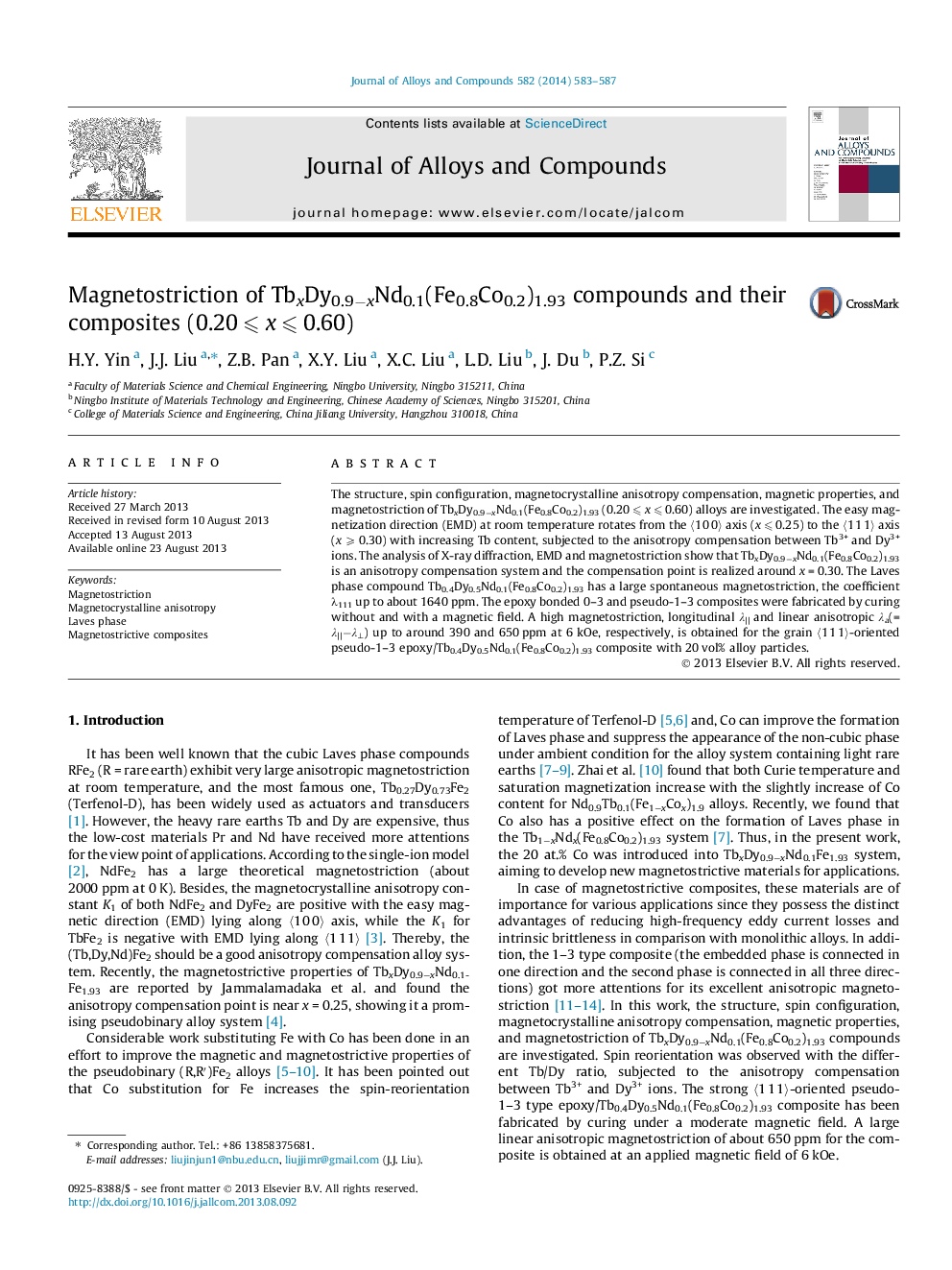 Magnetostriction of TbxDy0.9âxNd0.1(Fe0.8Co0.2)1.93 compounds and their composites (0.20Â â©½Â xÂ â©½Â 0.60)