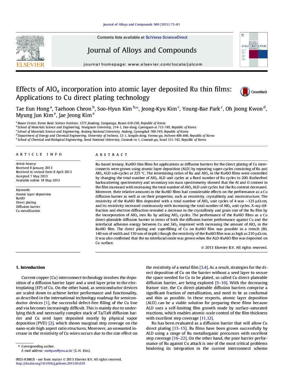 Effects of AlOx incorporation into atomic layer deposited Ru thin films: Applications to Cu direct plating technology