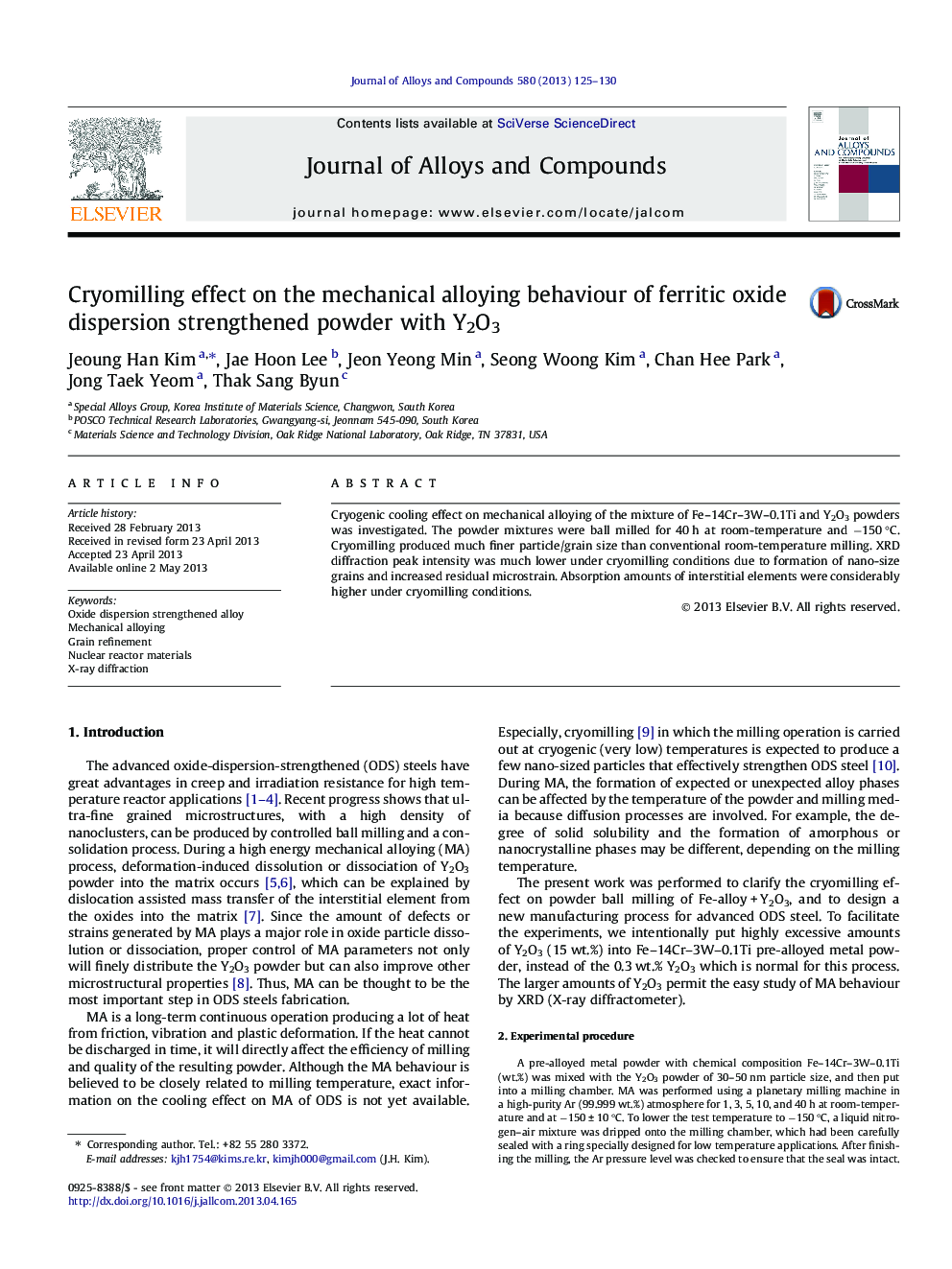 Cryomilling effect on the mechanical alloying behaviour of ferritic oxide dispersion strengthened powder with Y2O3