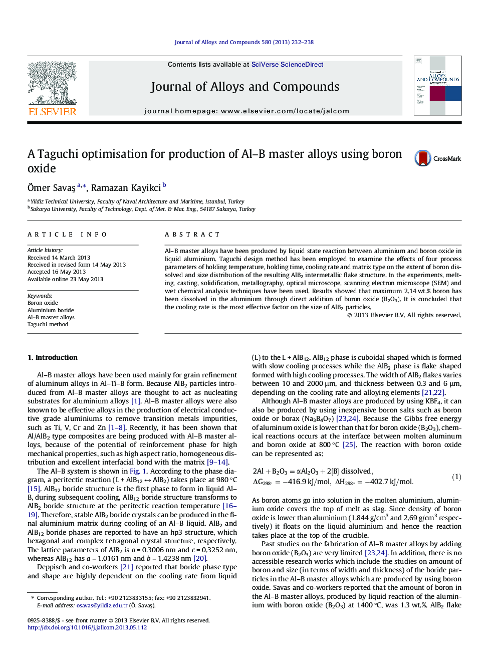 A Taguchi optimisation for production of Al-B master alloys using boron oxide