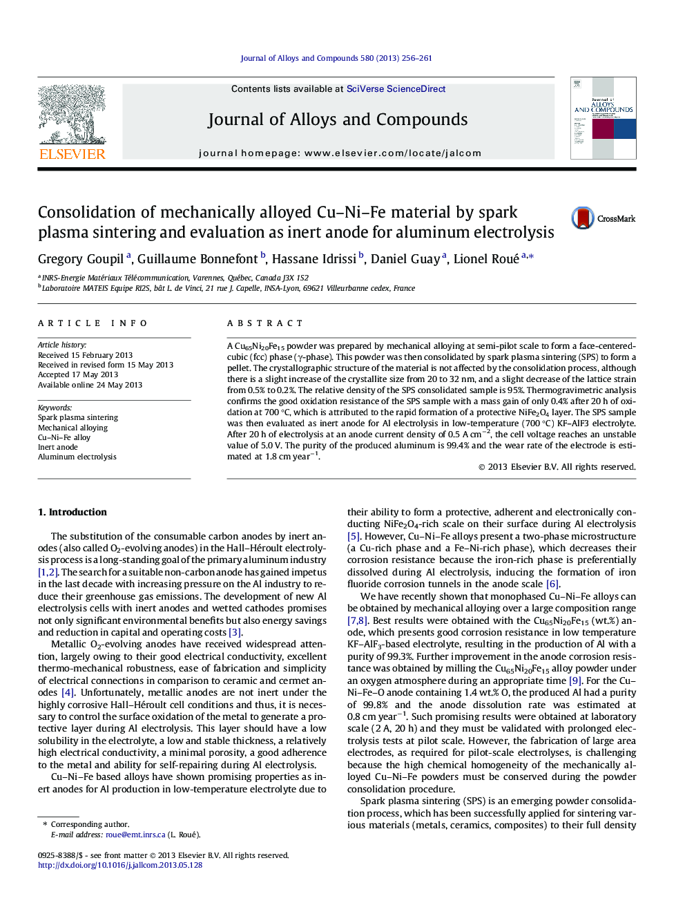 Consolidation of mechanically alloyed Cu-Ni-Fe material by spark plasma sintering and evaluation as inert anode for aluminum electrolysis