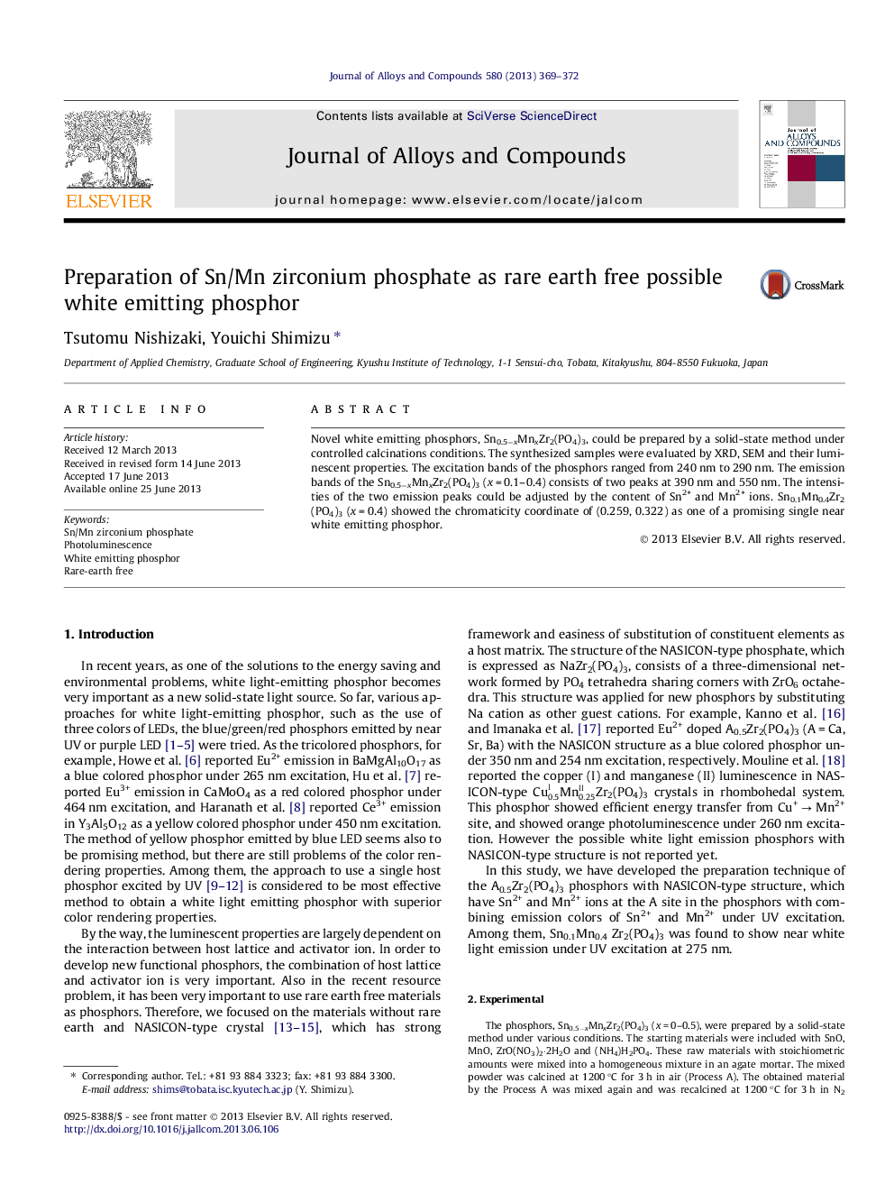 Preparation of Sn/Mn zirconium phosphate as rare earth free possible white emitting phosphor