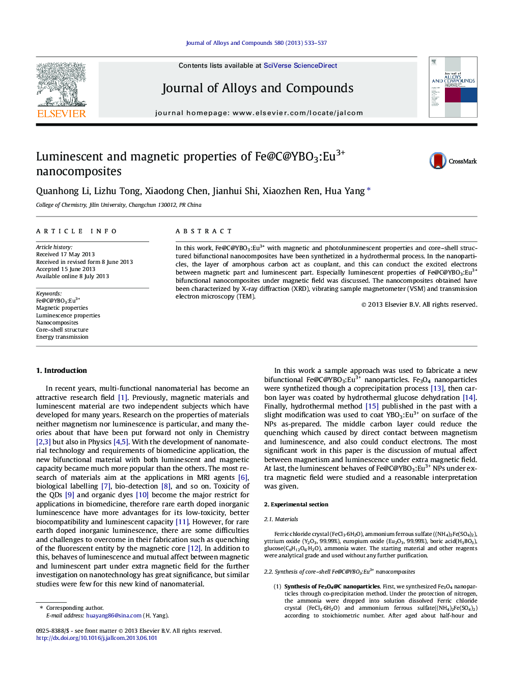 Luminescent and magnetic properties of Fe@C@YBO3:Eu3+ nanocomposites