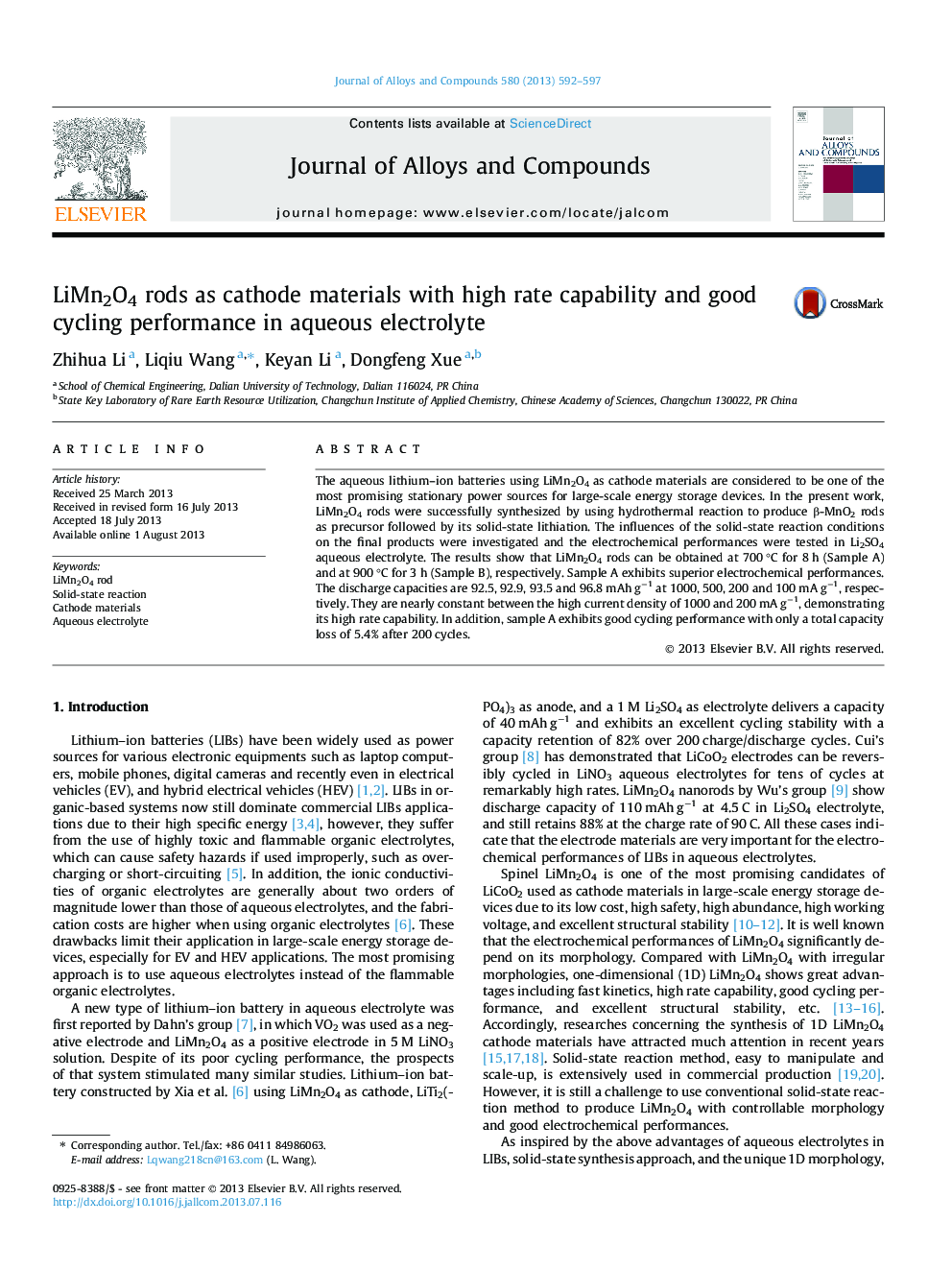 LiMn2O4 rods as cathode materials with high rate capability and good cycling performance in aqueous electrolyte