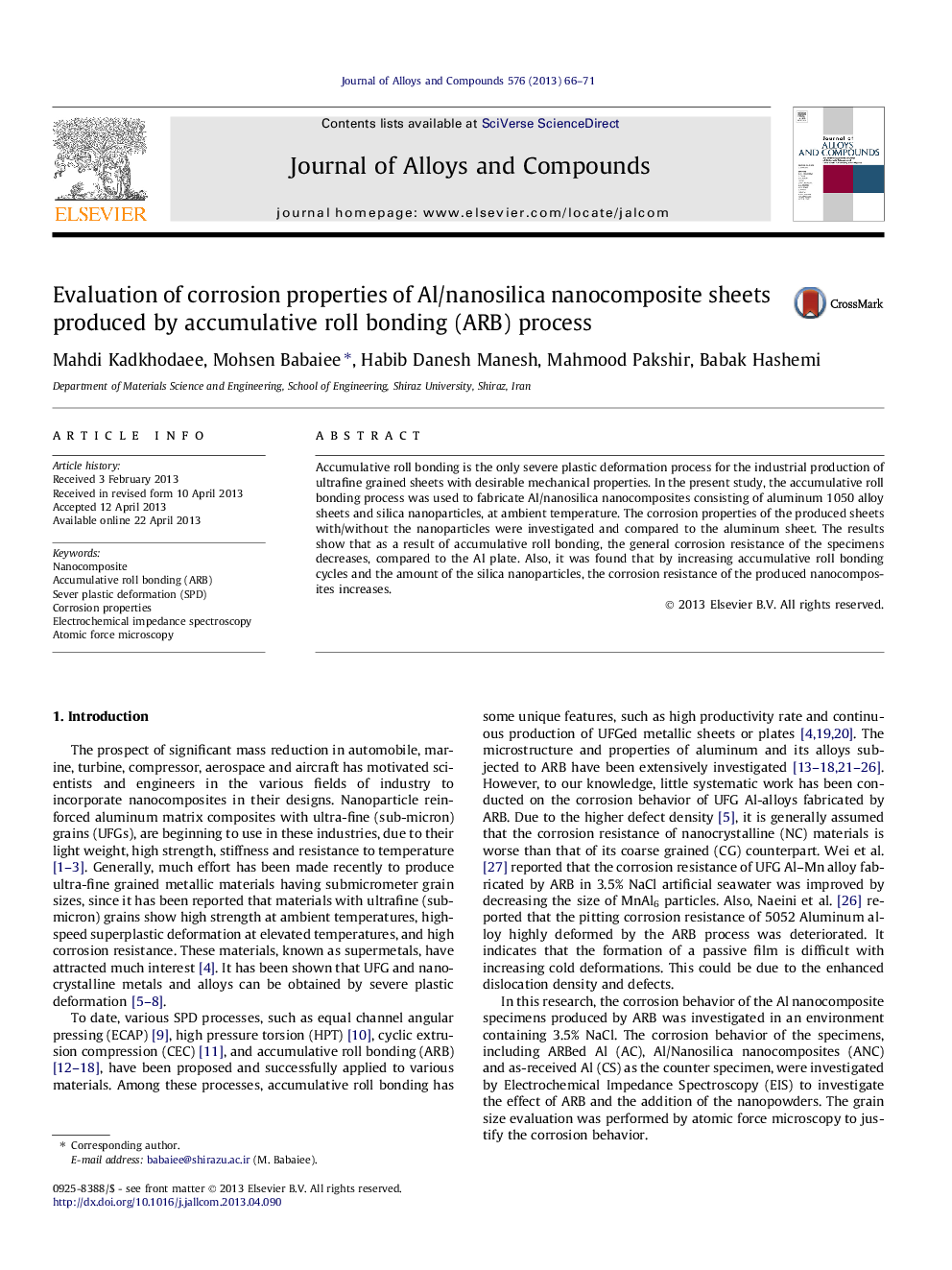 Evaluation of corrosion properties of Al/nanosilica nanocomposite sheets produced by accumulative roll bonding (ARB) process