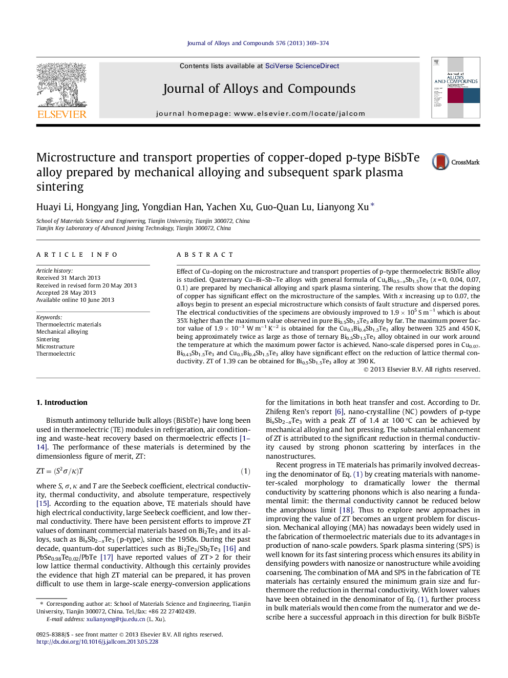 Microstructure and transport properties of copper-doped p-type BiSbTe alloy prepared by mechanical alloying and subsequent spark plasma sintering