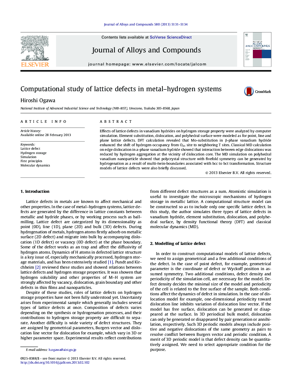 عکس صفحه اول مقاله: Computational study of lattice defects in metal-hydrogen systems Computational study of lattice defects in metal-hydrogen systems