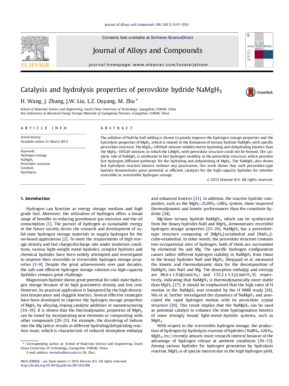 Catalysis and hydrolysis properties of perovskite hydride NaMgH3