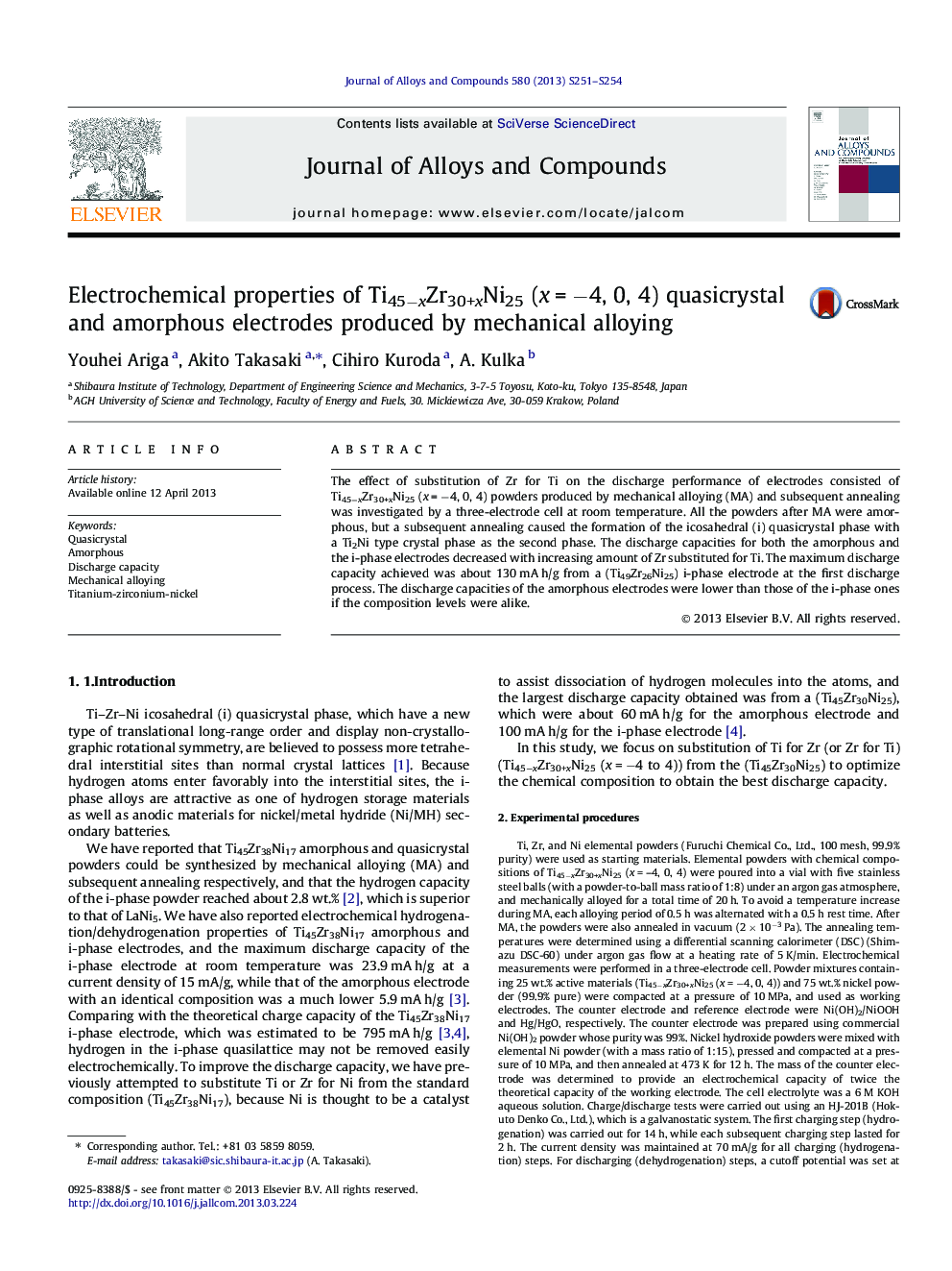 Electrochemical properties of Ti45−xZr30+xNi25 (x = −4, 0, 4) quasicrystal and amorphous electrodes produced by mechanical alloying