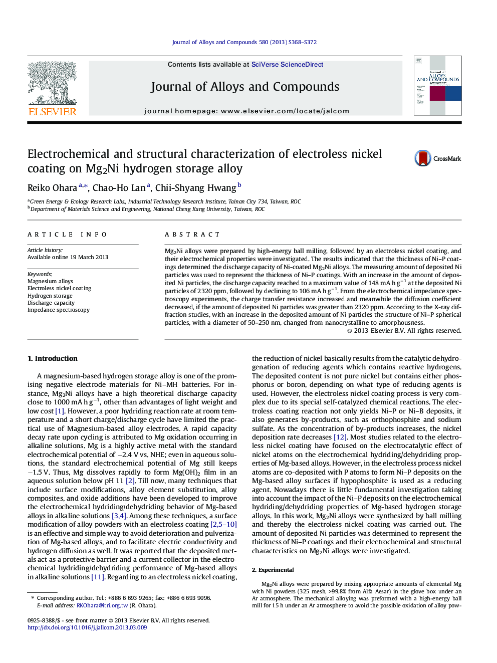 Electrochemical and structural characterization of electroless nickel coating on Mg2Ni hydrogen storage alloy