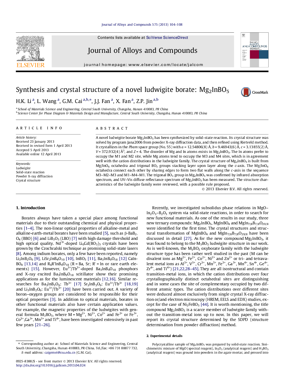 Synthesis and crystal structure of a novel ludwigite borate: Mg2InBO5