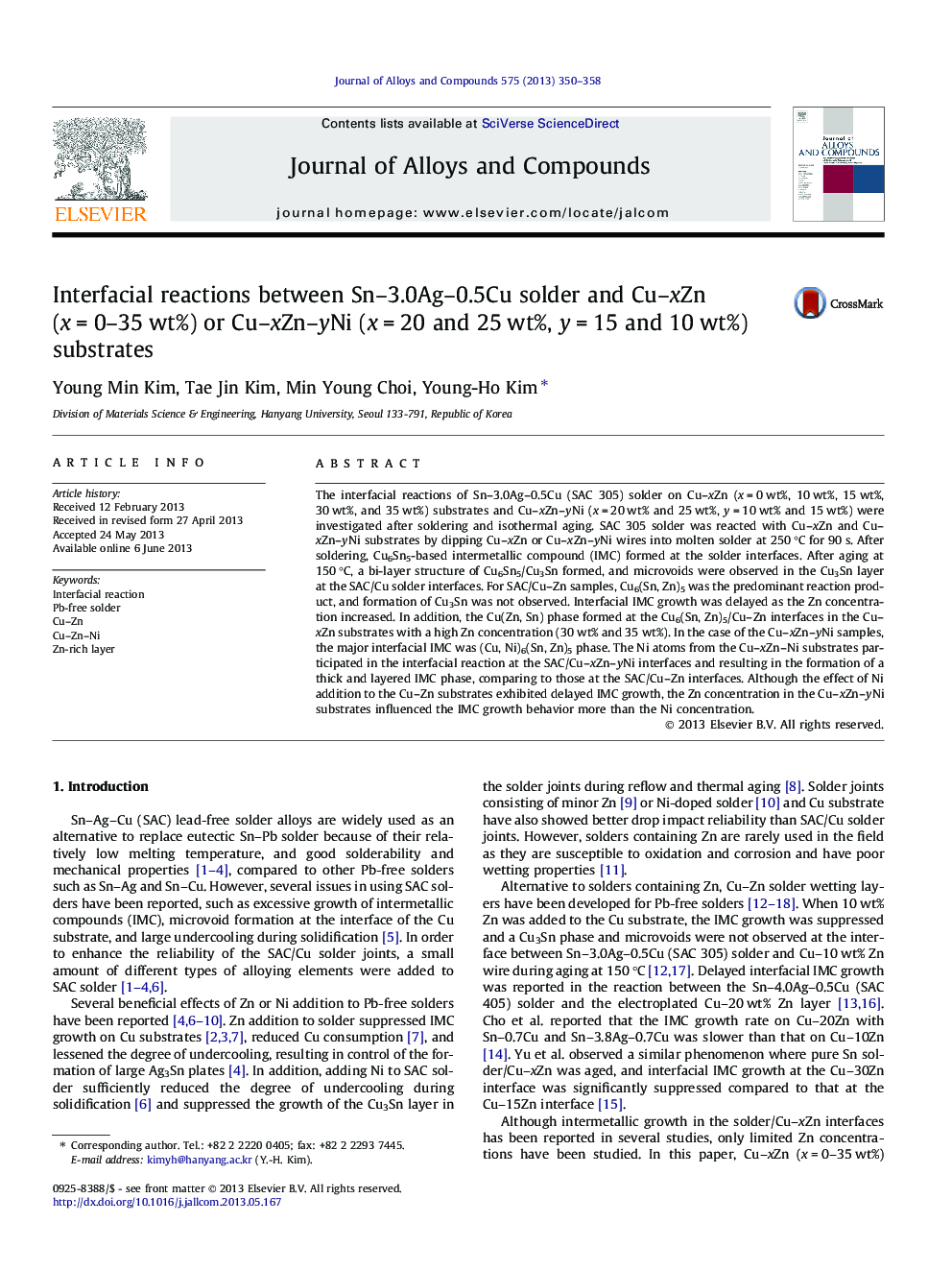 Interfacial reactions between Sn–3.0Ag–0.5Cu solder and Cu–xZn (x = 0–35 wt%) or Cu–xZn–yNi (x = 20 and 25 wt%, y = 15 and 10 wt%) substrates