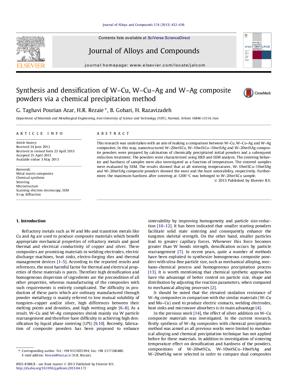 Synthesis and densification of W–Cu, W–Cu–Ag and W–Ag composite powders via a chemical precipitation method