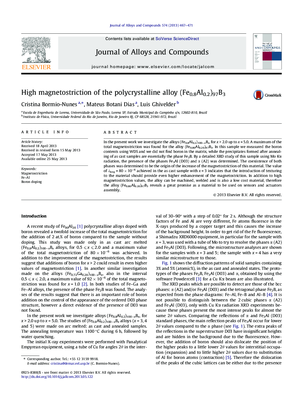 High magnetostriction of the polycrystalline alloy (Fe0.8Al0.2)97B3