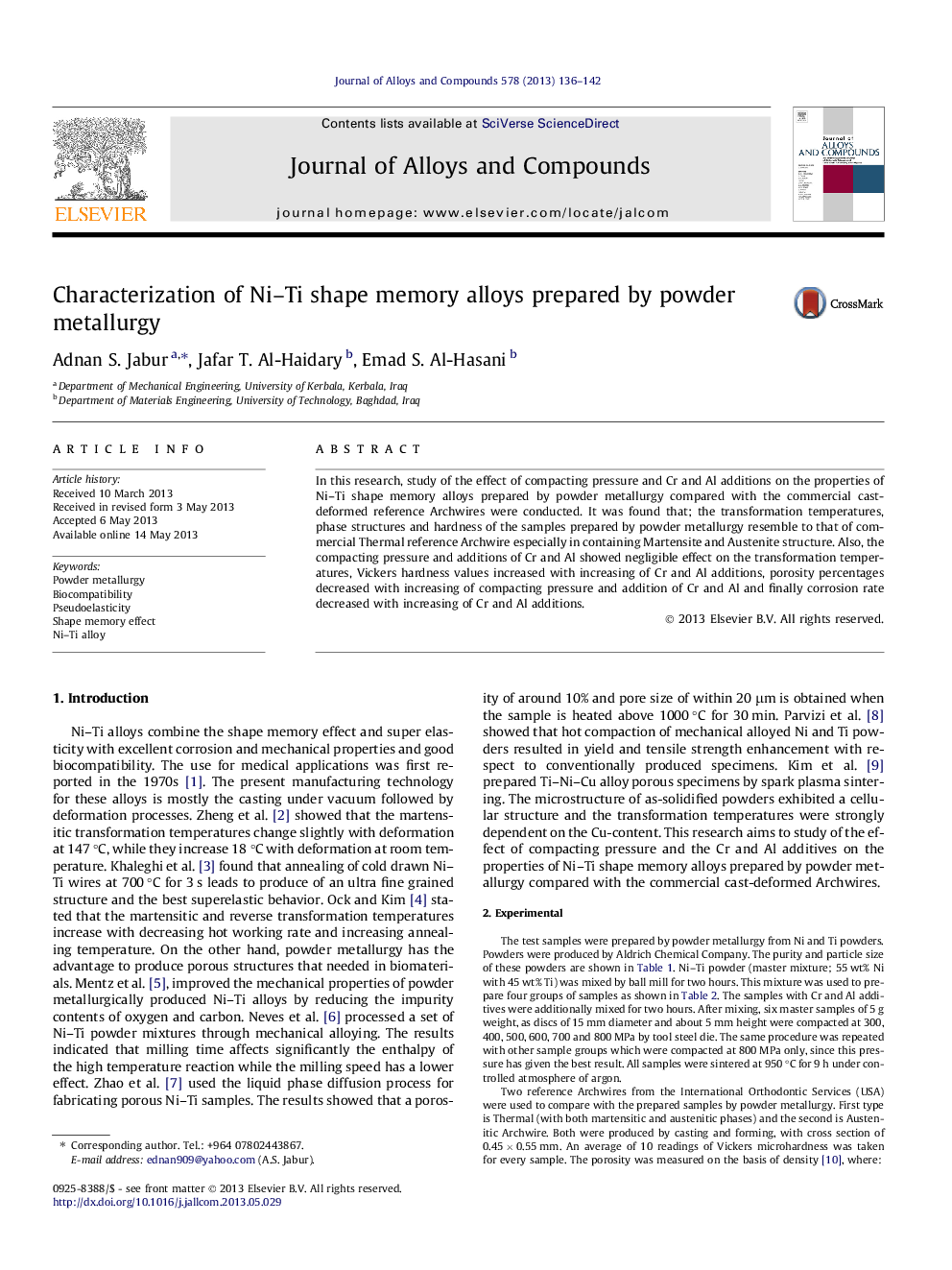 Characterization of Ni–Ti shape memory alloys prepared by powder metallurgy