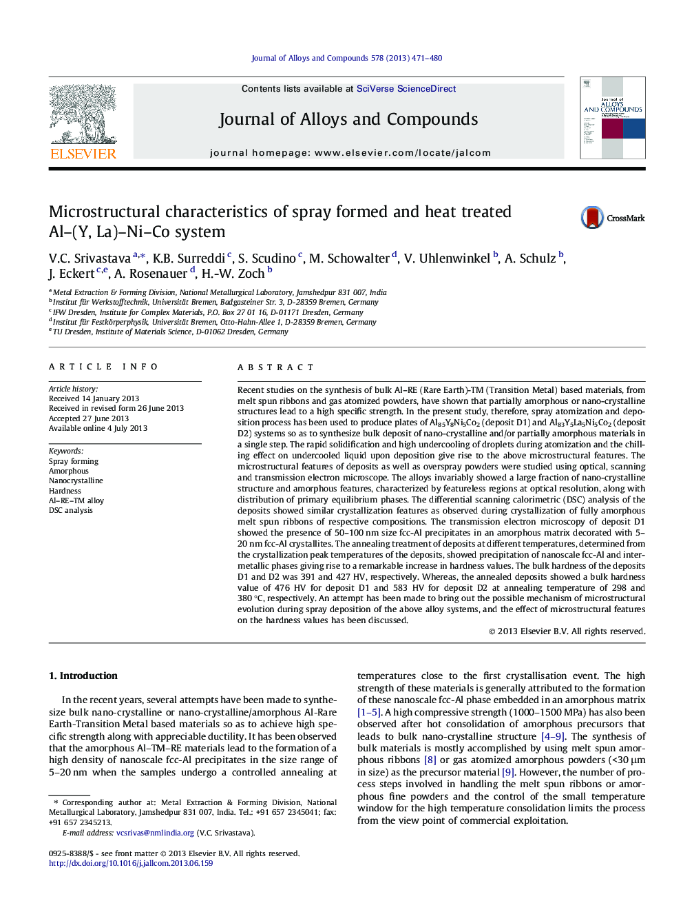 Microstructural characteristics of spray formed and heat treated Al–(Y, La)–Ni–Co system